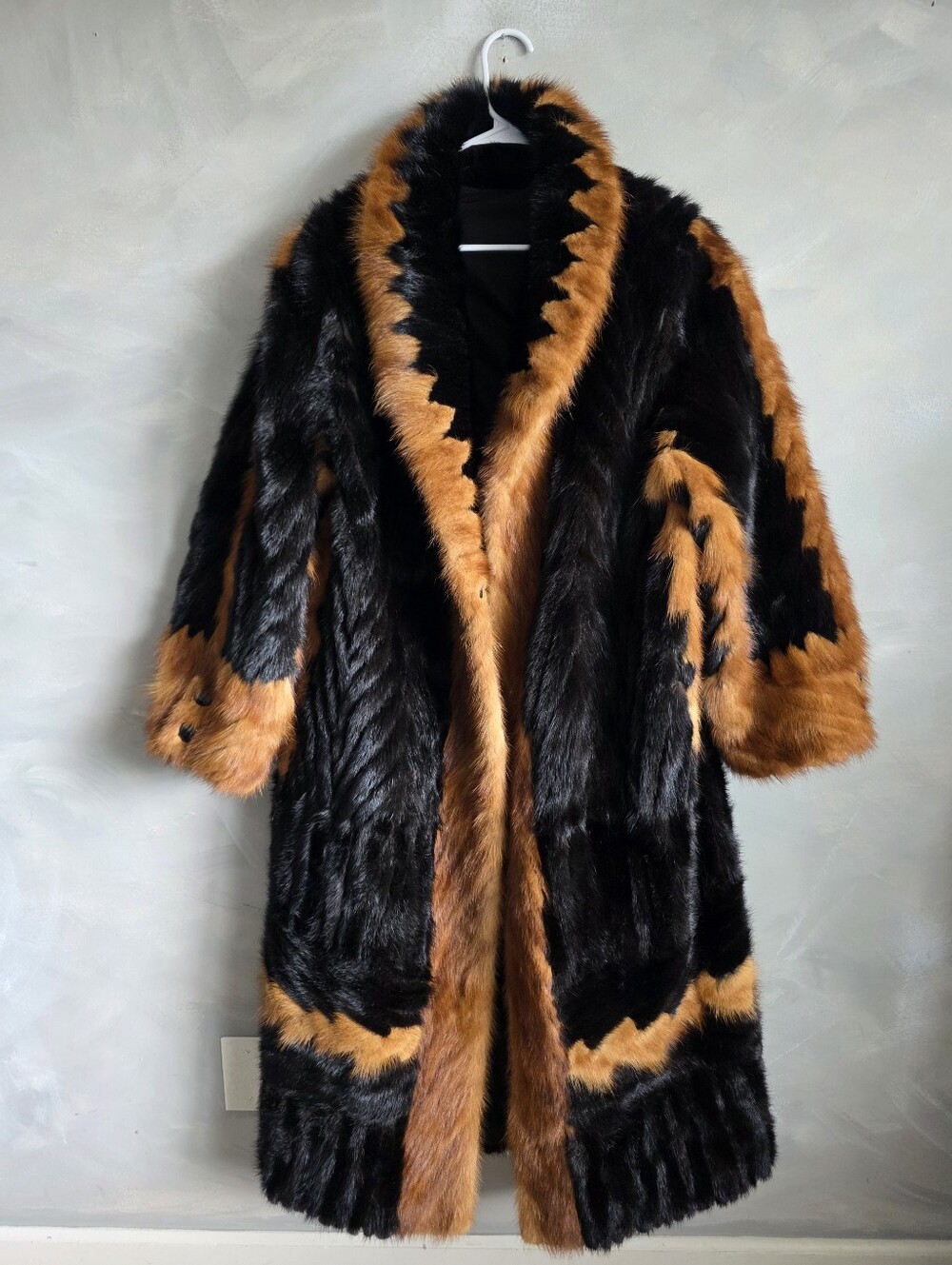 Genuine Vintage Mink/Fox Intarsia Coat Full Length Monogrammed Geometric Pattern